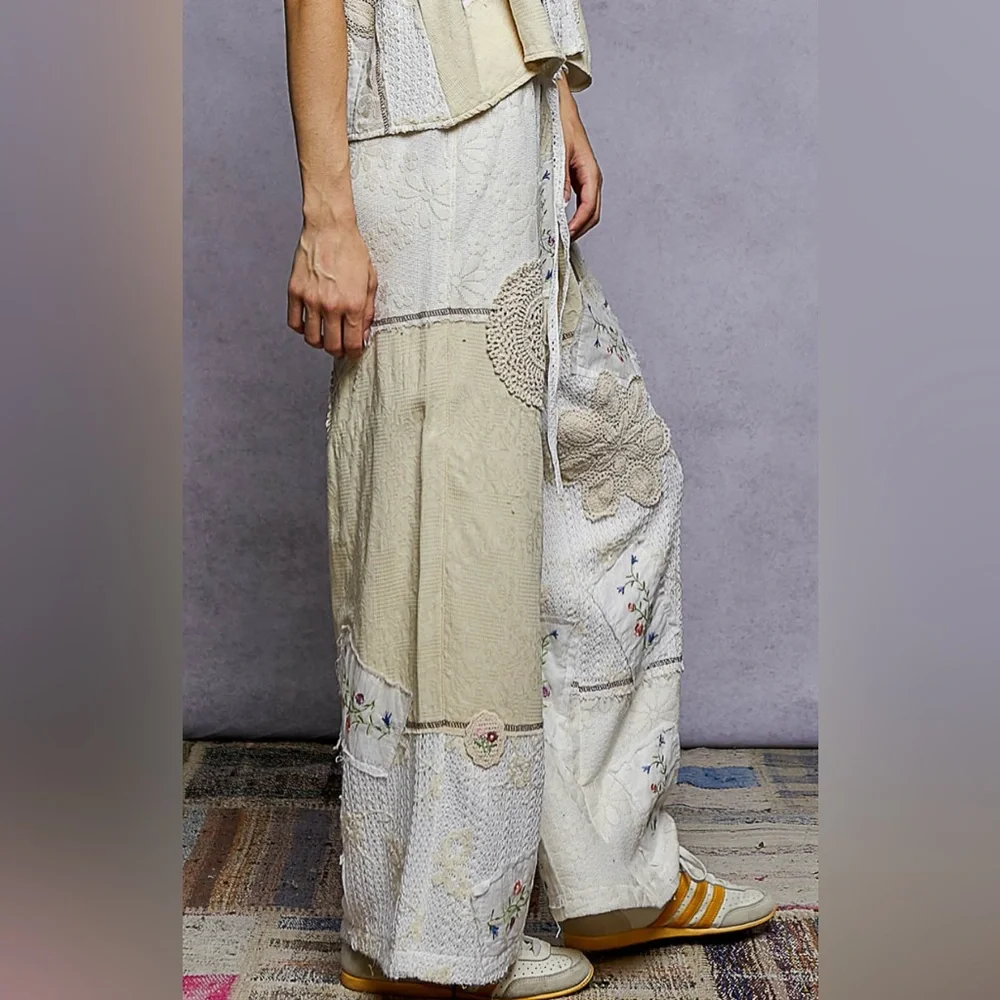 POL Solid Lace Patch Detail Woven Pants Bohemian Patchwork